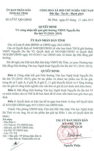 Quyết định của UBND tỉnh về việc công nhận kết quả giải thưởng VHNT Nguyễn Du lần thứ VI (2010 - 2015)