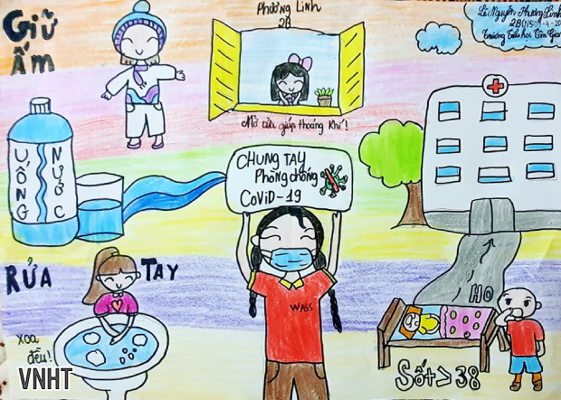 Học sinh Tiểu học Tân Giang vẽ tranh phòng chống dịch Covid-19