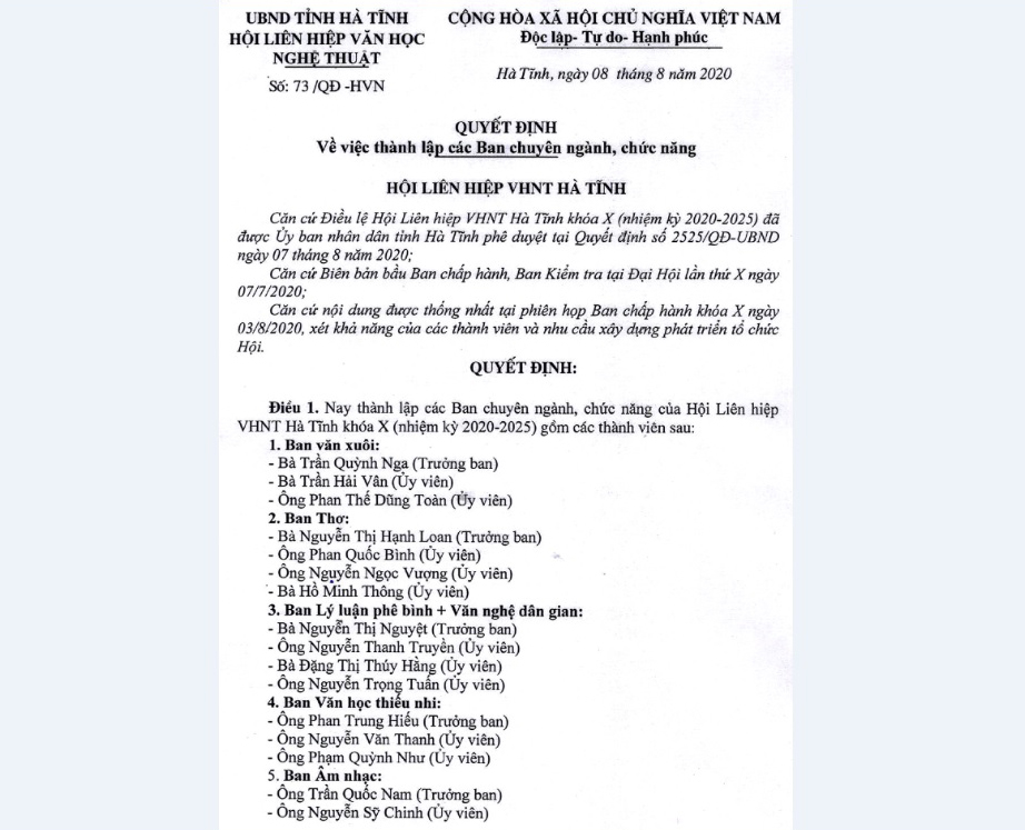 Quyết định về việc thành lập các Ban chuyên ngành, chức năng của Hội Liên hiệp VHNT Hà Tĩnh khóa X nhiệm kỳ 2020 - 2025